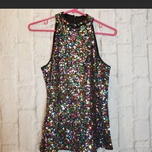 WAREHOUSE Sequined Sleeveless Halter Top